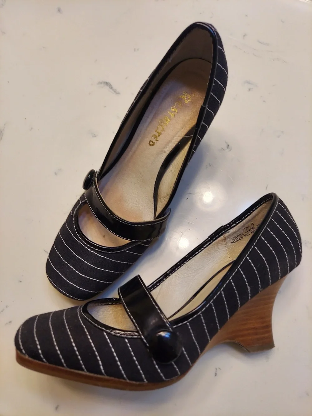 Restricted Black Pinstripe Mary Jane Wedges